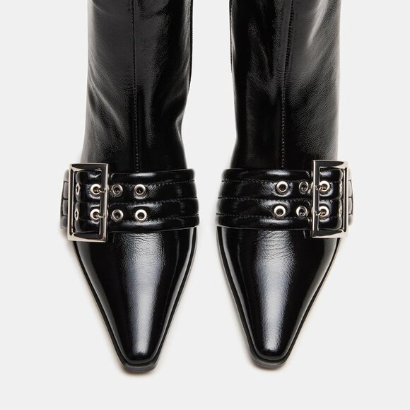 Buckle Black Ankle Boots Kitten Heel Pointed Toe Leather Fashion Dress Booties - Picture 6 of 9